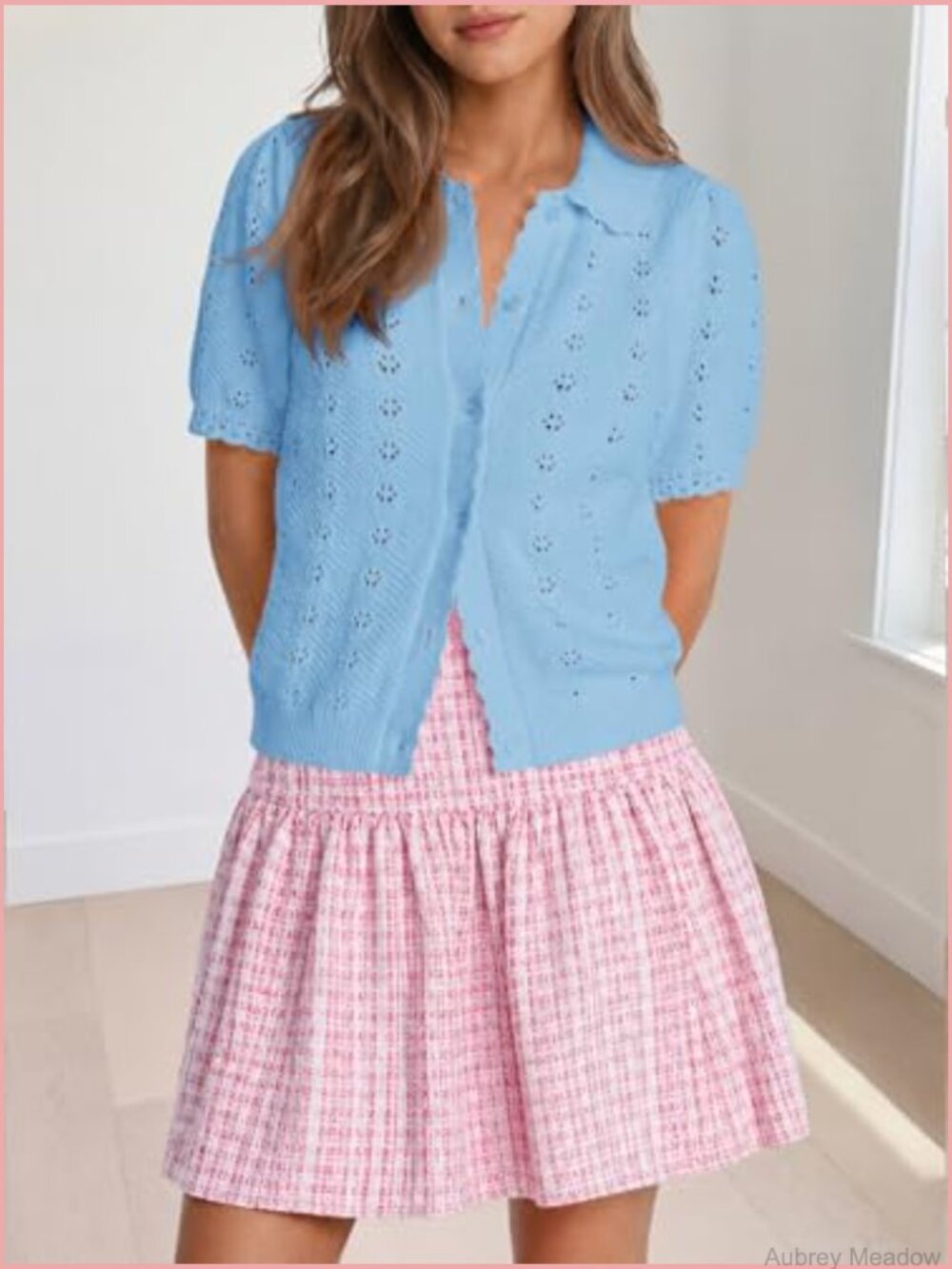 Lightweight Cotton Crochet Knit Cardigan Short Sleeve Button Front - Picture 6 of 7